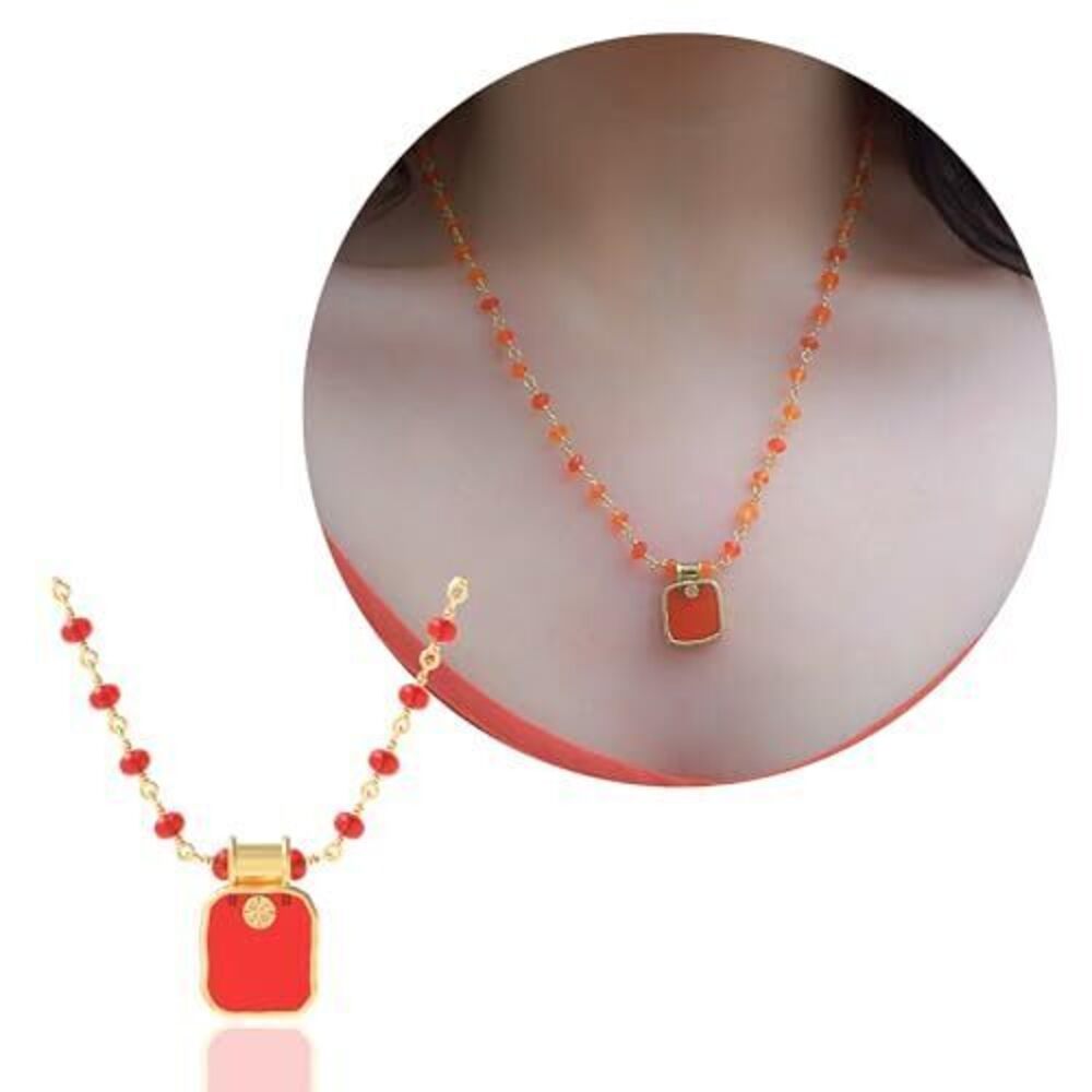 6201 Carnelian Necklace , Square Premium Gold Beaded Necklaces - Tarnish